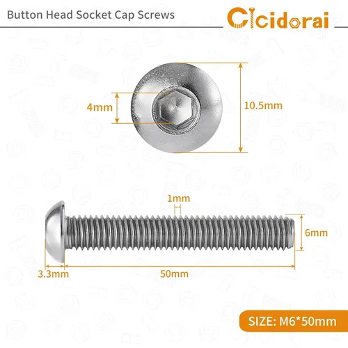 Miniatura 2 de Tornillos de cabeza de botón M6-0.039 x 1.969 in, acero inoxidable 304 18-8, accionamiento de enchufe Allen, Roscas de máquina completa, cantidad 10