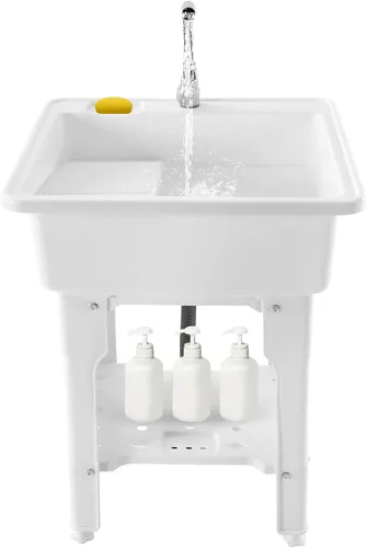 CNCEST Fregadero de plástico independiente con tabla de lavadero, fregadero para interiores y exteriores con grifo de agua fría y caliente,