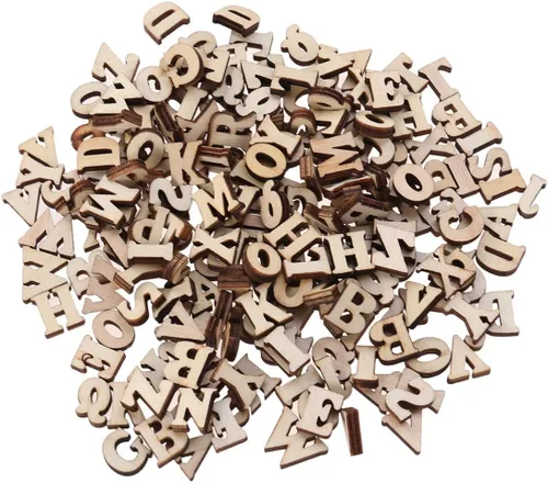 MAGICLULU 100 letras pequeñas del alfabeto de madera de 0.6 pulgadas sin terminar con recortes de madera natural para manualidades y proyectos