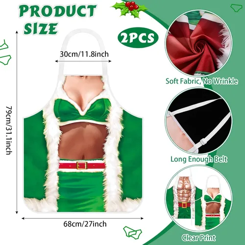 Miniatura 3 de 4 Piezas de Delantales de Navidad con Sombreros para Mujeres y Hombres, Delantales de Cocina Ajustables Divertidos para Cocinar para BBQ y Fiesta