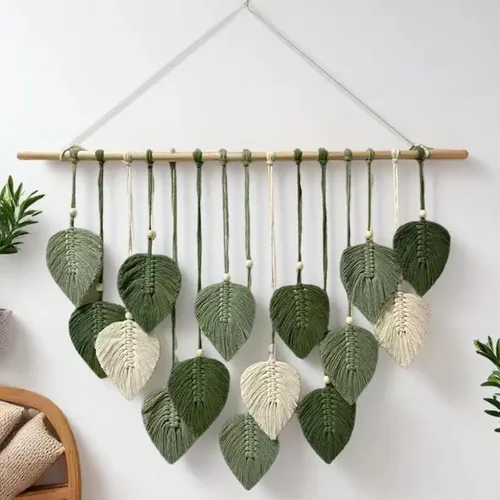MSFENG Tapiz para colgar en la pared, diseño de hojas, bohemio, decoración de pared tejida con plumas tejidas a mano, borlas de hilo tejido, Verde