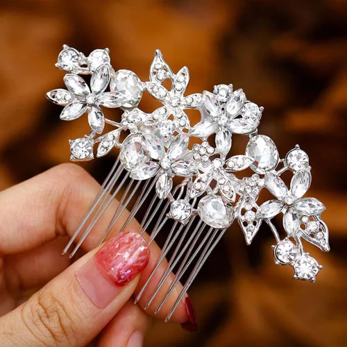 Foyte Peine de pelo de novia de cristal, tocados de novia con flores plateadas, piezas de pelo de hoja con diamantes de imitación, peines laterales