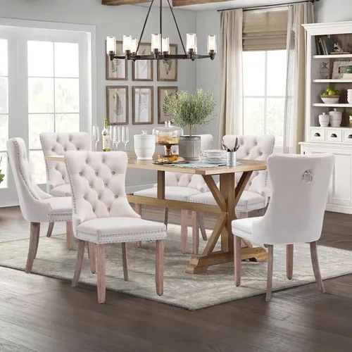 Miniatura 15 de Juego de 2 sillas de comedor tapizadas de terciopelo, sillas laterales de cocina de estilo moderno con ribete de cabeza de clavo y patas de madera
