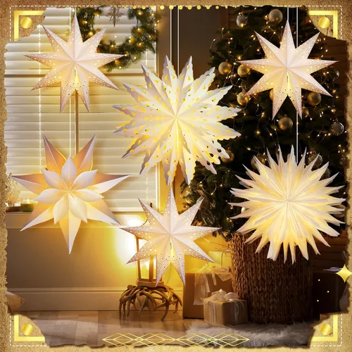 Watersay Paquete de 6 Faroles de Papel de Copo de Nieve de Navidad Faroles de Papel de Estrella de Navidad con 6 Luces LED Blancas Ornamentos de