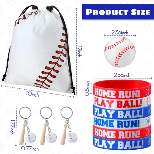 Miniatura 3 de Nuogo 48 piezas de regalos de fiesta de béisbol incluyen 12 bolsas de regalo de béisbol, 12 pulseras, 12 bolas de estrés, 12 mini llaveros