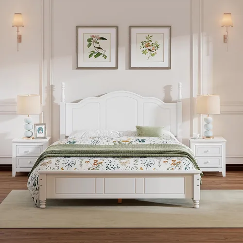 Miniatura 10 de Polibi Juego de dormitorio de 3 piezas con plataforma retro de tamaño matrimonial y 2 mesitas de noche, marco de cama de madera maciza con cabecera