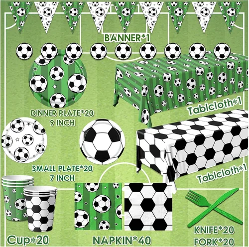 Miniatura 6 de Juego de vajilla para fiesta de fútbol, 142 piezas de platos y servilletas para fiesta, incluye bandera, platos, vasos, servilletas, mantel