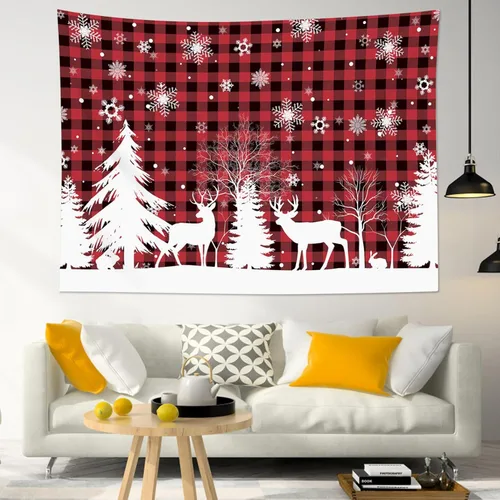 Miniatura 2 de HVEST Tapiz de nieve de invierno para colgar en la pared, diseño de ciervo y conejo blanco sobre fondo a cuadros rojos y negros, tapiz de copo
