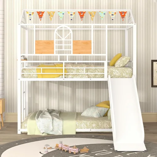 Miniatura 11 de Bellemave Litera individual sobre cama individual con tobogán, litera de piso para niños con escaleras de almacenamiento y barandilla de longitud