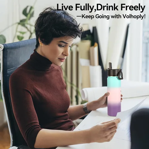 Miniatura 7 de Volhoply Botellas de Agua Aisladas con Pajita a Granel Paquete de 2, Botella Deportiva de 22 oz con Tapa con Asa, Botellas de Agua al Vacío de Doble