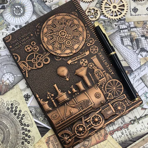 Miniatura 6 de Diario de Escritura de Cuero Repujado con Tren Vintage con Juego de Bolígrafos, Libreta Diaria Antigua Hecha a Mano Cuaderno de Bocetos, Diarios