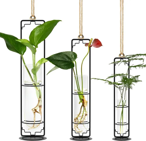 Miniatura 7 de MIPON Estación de propagación de plantas colgantes de metal, maceta hidropónica de tubo de ensayo de vidrio de 3 tamaños, soporte bohemio para Negro