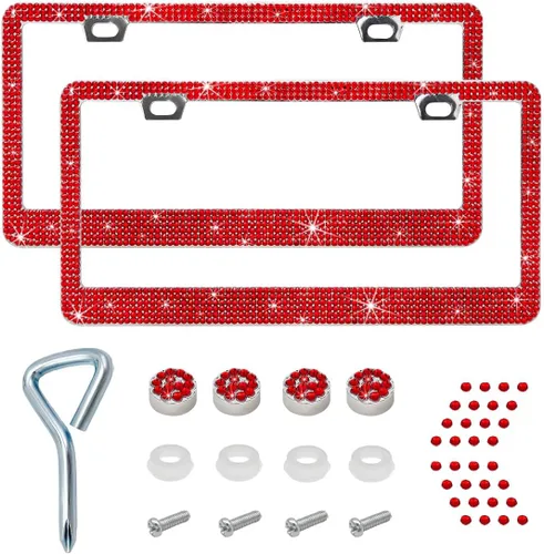 Miniatura 8 de Ziciner 2 piezas de marco de matrícula brillante, cubierta de etiqueta de matrícula brillante con diamantes de imitación multifacéticos, soporte