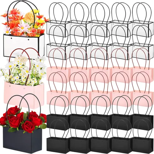 Geelin Paquete de 30 bolsas de regalo de papel de flores, ramo de flores rectangulares portátiles, caja impermeable con asas para arreglos de boda,
