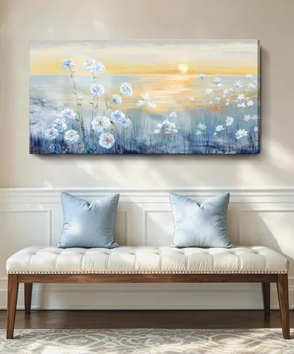 Miniatura 25 de Arte de pared para decoración de baño, imagen de playa azul, tema oceánico, impresión en lienzo de flores, pintura moderna de paisaje marino