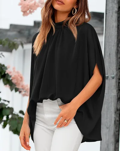 Miniatura 142 de BTFBM Blusas de verano para mujer, cuello alto falso, manga murciélago, holgadas, dobladillo alto y bajo, blusas informales de gran