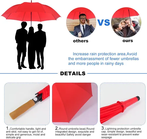 Miniatura 6 de KoKoBin Paraguas de lluvia de gran tamaño abierto automático para hombres mujeres palillo paraguas, Rojo