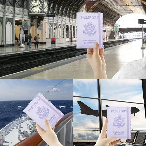 Miniatura 7 de Soporte para pasaporte y tarjetero de vacuna, cartera para pasaporte, funda para pasaporte con bloqueo RFID, Púrpura, Compacto