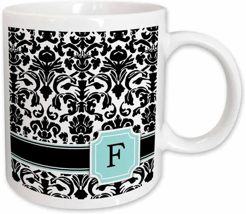 Miniatura 9 de 3dRose Letter F personal monogrammed mint blue black and white damask pattern - classy personalized initial 11oz Two-Tone Blue Mug