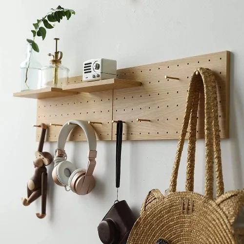 Miniatura 15 de Tablero de Clavijas de Madera Modular para Exhibición Organización Almacenamiento Ganchos de Pared Estante (Color: Roble)