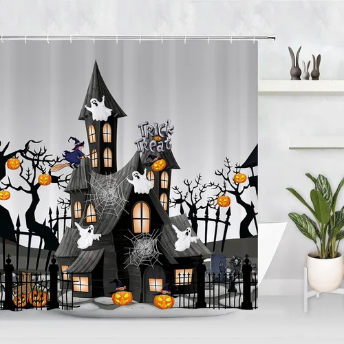 Miniatura 5 de ARESD Cortina de ducha de Halloween para baño, cortina de baño de tela de araña de casa de terror y calabaza, cortinas de ducha de poliéster