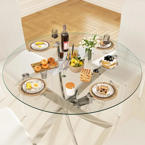 Miniatura 5 de Set de mesa de comedor redonda QJZLXKYT para 4, mesa moderna de comedor de vidrio con sillas, juego de mesa y sillas de cocina de 5 piezas