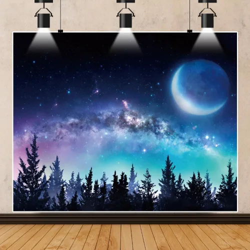 Telón de fondo de cielo nocturno estrellado para fotografía, 10 x 8 pies, vista nocturna del bosque, telón de fondo para fotos, universo galaxia,