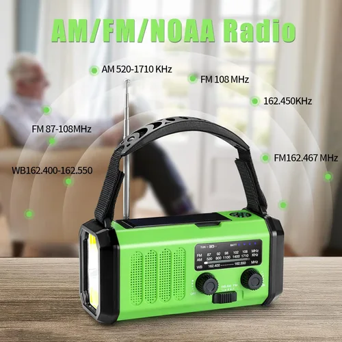 Miniatura 4 de Radio de emergencia con manivela de 10000 mAh, radio meteorológica NOAA con radio AM/FM y solar, batería recargable, linterna y luz de lectura