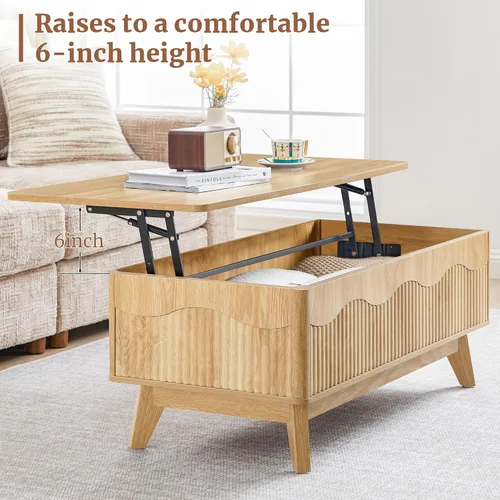 Miniatura 4 de BERRYMERRY Mesa de centro elevable con almacenamiento oculto, mesa de centro acanalada de granja con perfil ondulado, mesa central rectangular Roble