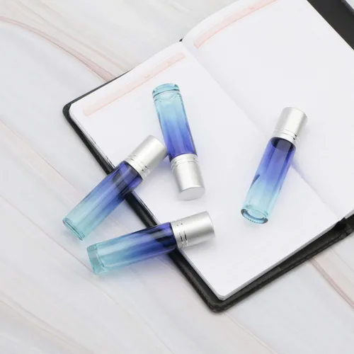 Miniatura 6 de Juego de 10 botellas enrollables de vidrio, 0.3 fl oz (1/3 onza), tarros de rodillo de gradiente azul con abridor de embudos, frascos de vidrio