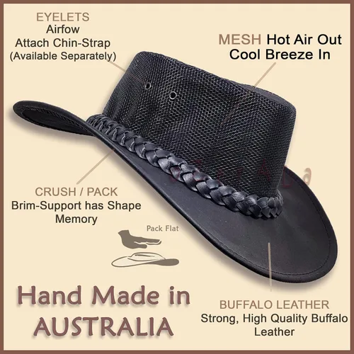 Miniatura 4 de Oztrala Sombrero de cuero de búfalo australiano Outback Western Cowboy Mesh para hombres y mujeres niños Jacaru negro, marrón tostado HLBS HLBB