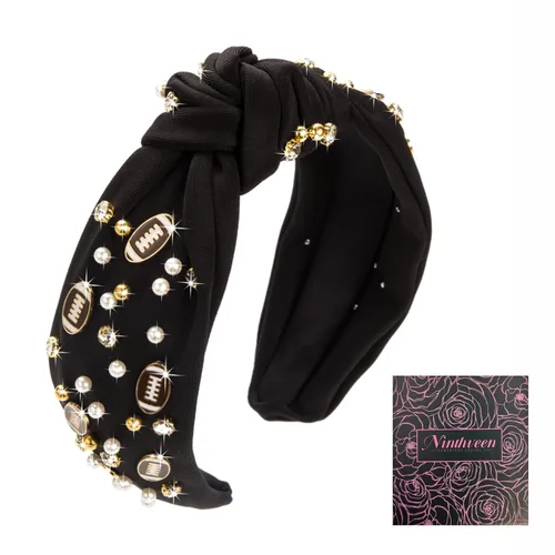 Miniatura 10 de Diadema de moda de fútbol para mujer con perlas de fantasía en negro, rojo, naranja y azul con nudo para niñas, diadema ancha y bonita para el Día