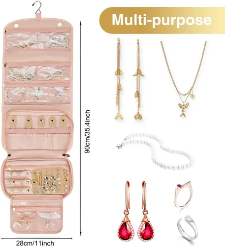 Miniatura 5 de Rollo organizador de joyas de viaje con bolsillos con cremallera, bolsa grande para colgar, para anillos, aretes, collares, pulseras, broches, bolsa
