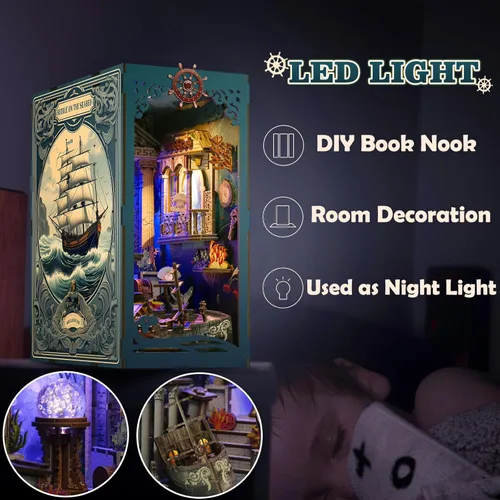 Miniatura 7 de Kit de rincón de libros, kit de bricolaje en miniatura de casa de muñecas con luz nocturna LED y cubierta antipolvo para adultos, adolescentes