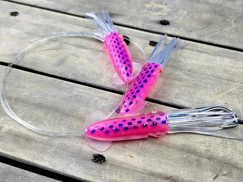 Lobo Lures Cadena de calamar de cuerpo suave, color rosa y azul, caramelo de atún de 4.5 pulgadas, gran juego, pesca, margarita, señuelo de arrastre