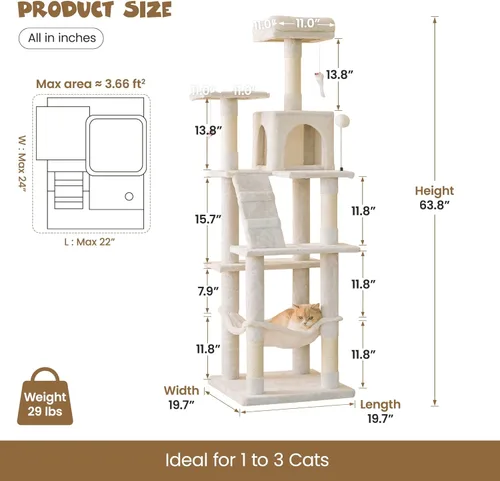 Miniatura 6 de MWPO - Árbol para gatos, multiestructura para gatos grandes con postes rascadores de sisal, plataforma acolchada, hamaca y condominio, torre Beige