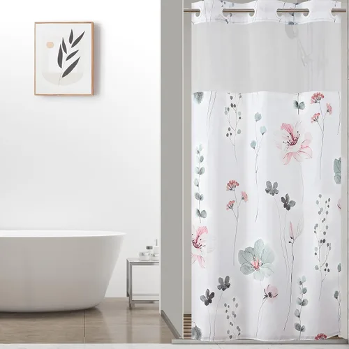 Miniatura 16 de QiyI Cortina de ducha de flores con forro a presión, cortina de baño de tela floral de acuarela azul beige, cortinas de ducha sin gancho con ventana