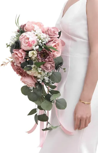 Miniatura 9 de Serwalin Ramos de boda de 9.8 pulgadas para novia y dama de honor, peonías rosa empolvado, ramos de flores de novia para boda, ramo de lanzamiento