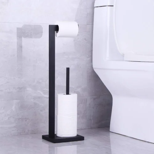 Miniatura 3 de Soporte para papel higiénico negro mate, soporte para rollo de papel higiénico con reserva de estante, organización portátil de almacenamiento