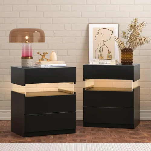 Miniatura 22 de Bingoday Moderna mesita de noche LED con 3 cajones, mesita de noche con luces LED ajustables, mesa auxiliar de almacenamiento grande para Blanco