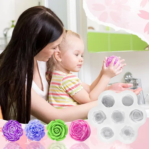 Miniatura 6 de Moldes de silicona para 7 cavidades, moldes para velas de flores de rosas, molde de fondant de peonía para gelatina, chocolate, mousse, decoración