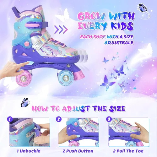 Miniatura 8 de MammyGol Patines de ruedas para niños y niñas, patines ajustables para niños con hermosas mariposas, principiantes de 3 a 16 años de edad, patines