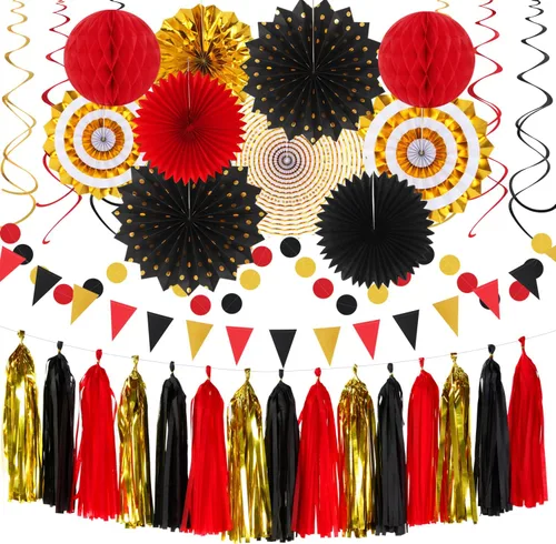 Miniatura 8 de Kits de decoración para fiestas negro blanco-plata - 33 piezas, banderas, guirnaldas con borlas para graduación, pompones de papel de seda tipo