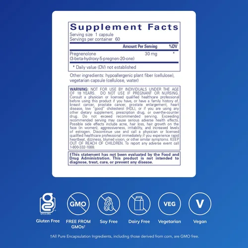 Miniatura 2 de Pure Encapsulations Pregnenolone - 30 mg - Apoyo hormonal - Suplemento de apoyo de memoria y cerebro - Sin gluten y vegano - 60 cápsulas