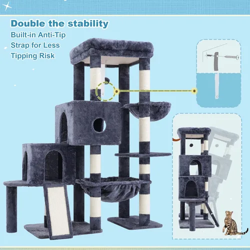 Miniatura 7 de Hey-brother Torre de árbol para gatos, postes rascadores con plataforma grande, 2 condominios, hamaca espaciosa, cesta acogedora, tabla de sisal
