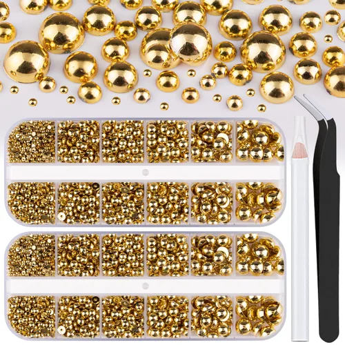 Miniatura 14 de Kit de 2700 perlas con parte trasera plana, 1 caja de color blanco con parte trasera plana + 1 caja de perlas pequeñas de color beige medio redondo