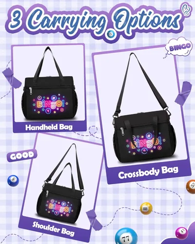 Miniatura 3 de Bolsa de bingo para Daubers Dabbers Dobbers Dotters resistente al agua, bolsa de accesorios de bingo con bolsillos para adultos mayores (negro)