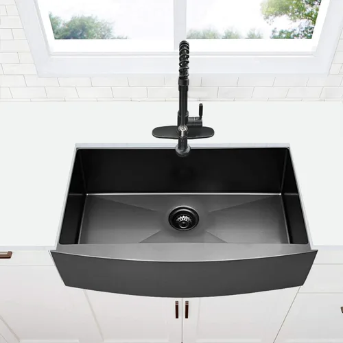 Miniatura 3 de Fregadero de cocina negro de 30 pulgadas con delantal frontal de 30 x 22 pulgadas, acero inoxidable, calibre 16, fregadero frontal curvado