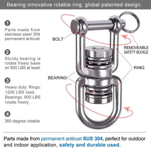 Miniatura 2 de BeneLabel Columpio giratorio con 2 rodamientos, rotación de 360°, capacidad de 770 libras, dispositivo de rotación más seguro, accesorio colgante