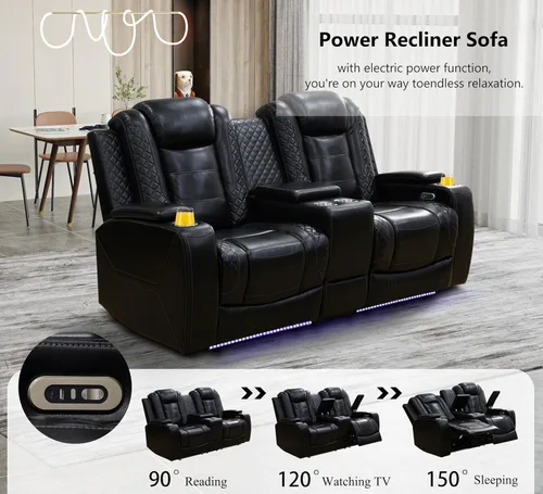 Miniatura 7 de Juego de 3 piezas para sala de estar, sofá reclinable eléctrico de cuero con puertos USB, iluminación LED y portavasos, asientos de cine en casa